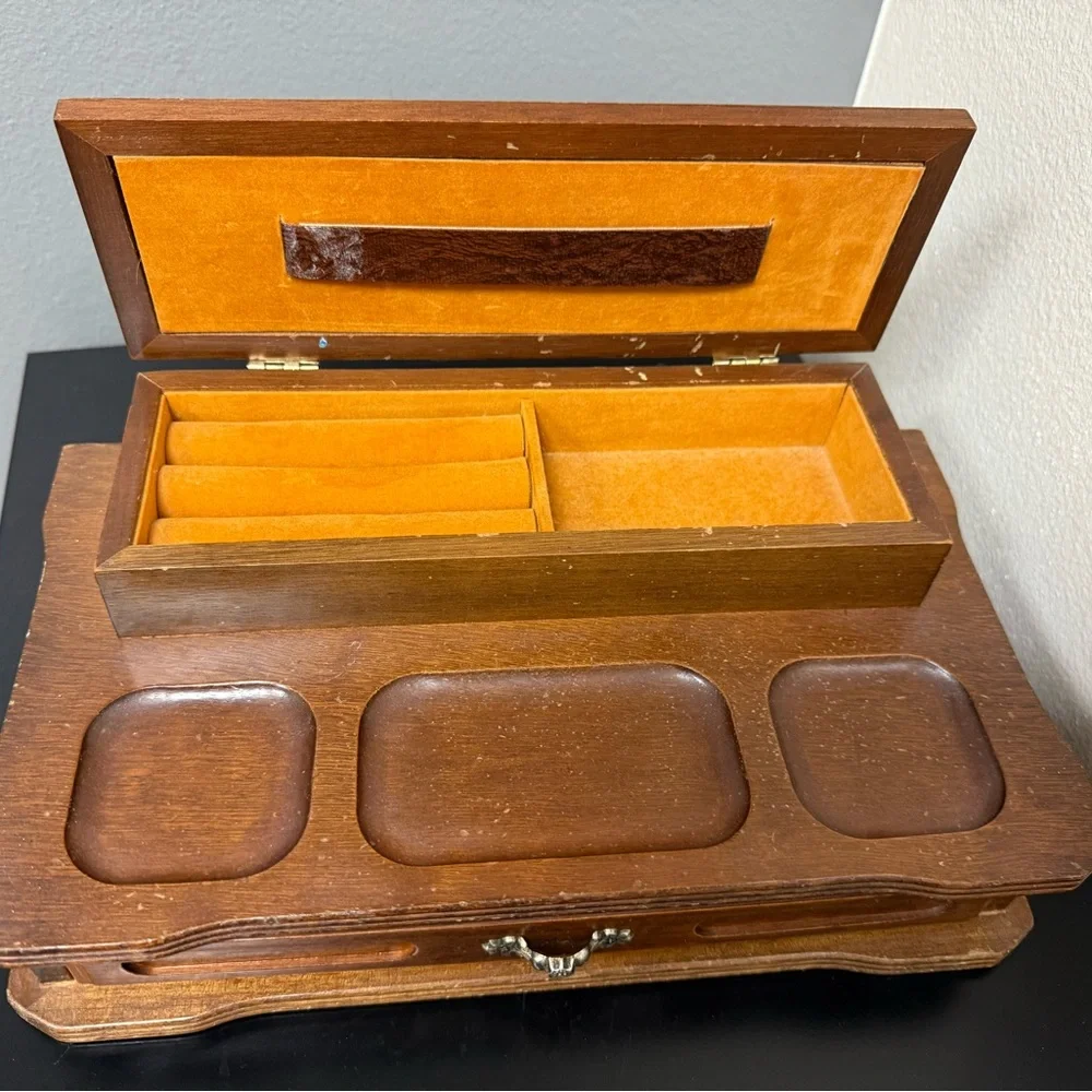 VTG Wood Dresser Valet Box w Drawer Jewelry Change Tie Clips Keys Rings Necklace